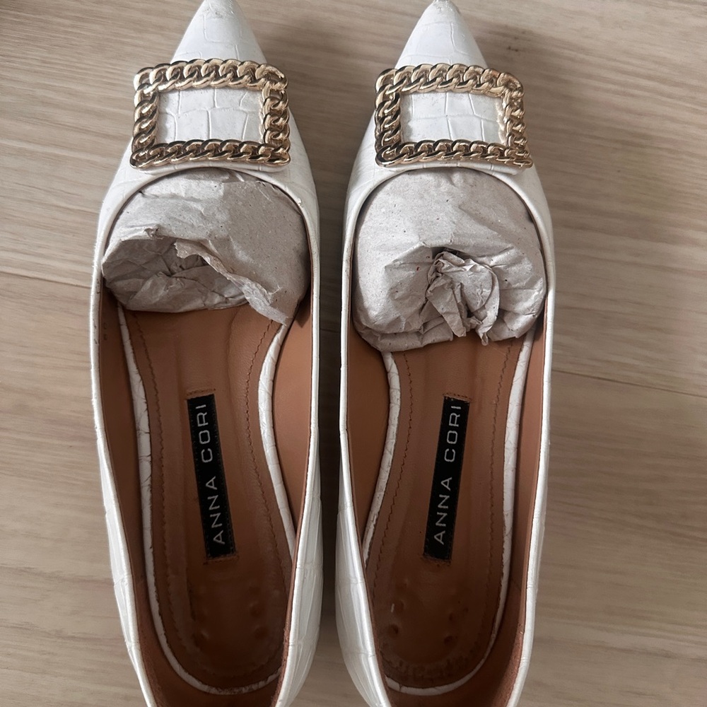 Anna Cori- leather Elegant White and Gold Loafers with gold Embellishment
